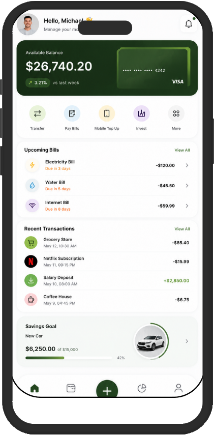 Banking app home screen